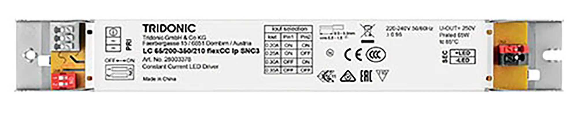 65W 200-350mA flexCC lp SNC3, Constant Current Fixed current LED Driver, 90-210Vdc out put, IP20. 28003378  Tridonic LC